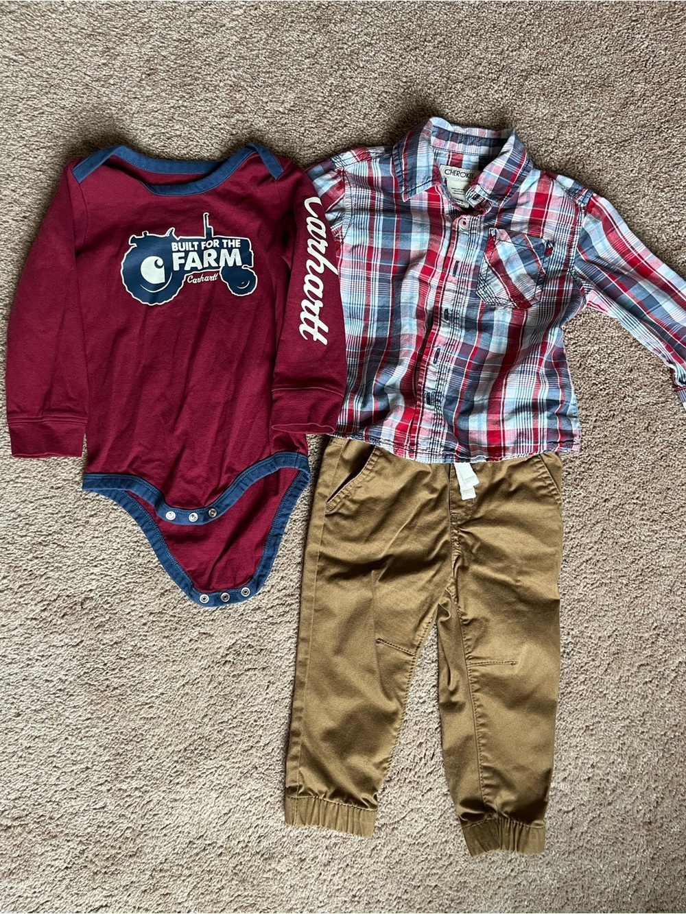 Carhartt Burgundy Onesie, Red/Blue Plaid Shirt & Tan Pants Set